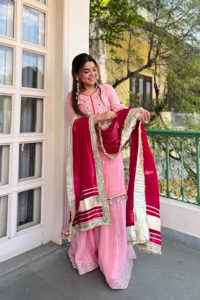 Women's Ethnic Georgette Sharara Set with Traditional Mirror Work