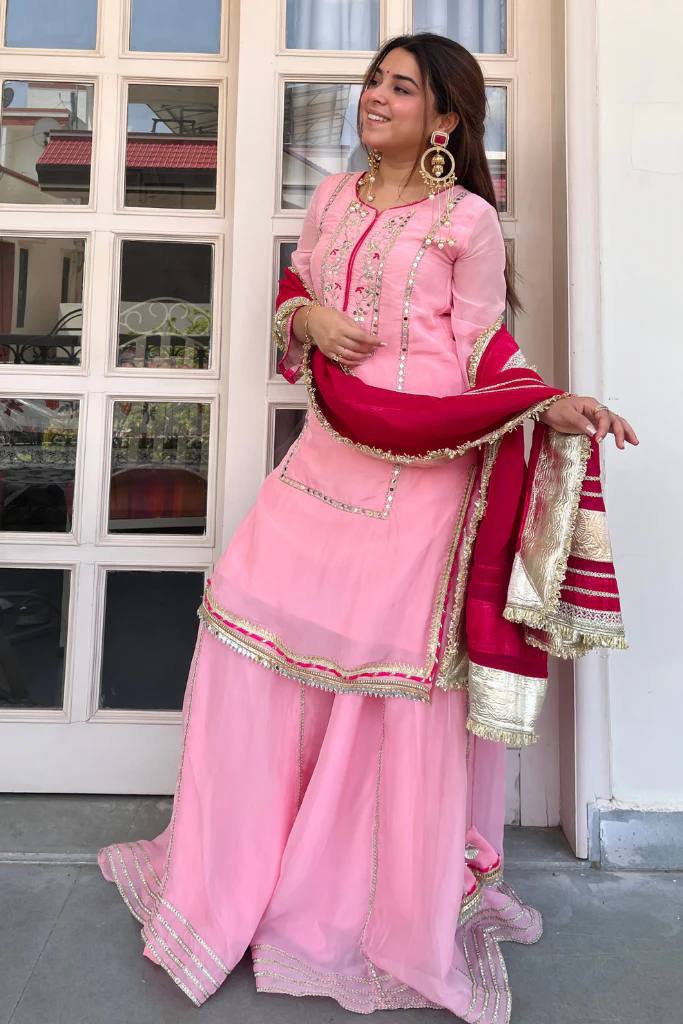 Women's Ethnic Georgette Sharara Set with Traditional Mirror Work