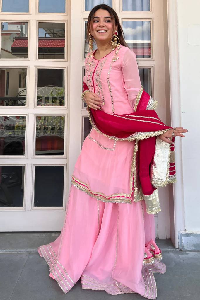 Women's Ethnic Georgette Sharara Set with Traditional Mirror Work