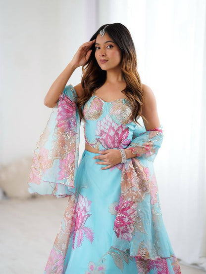 Elegance Sky Blue Digital Floral Organza Lehenga Choli Set