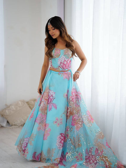 Elegance Sky Blue Digital Floral Organza Lehenga Choli Set