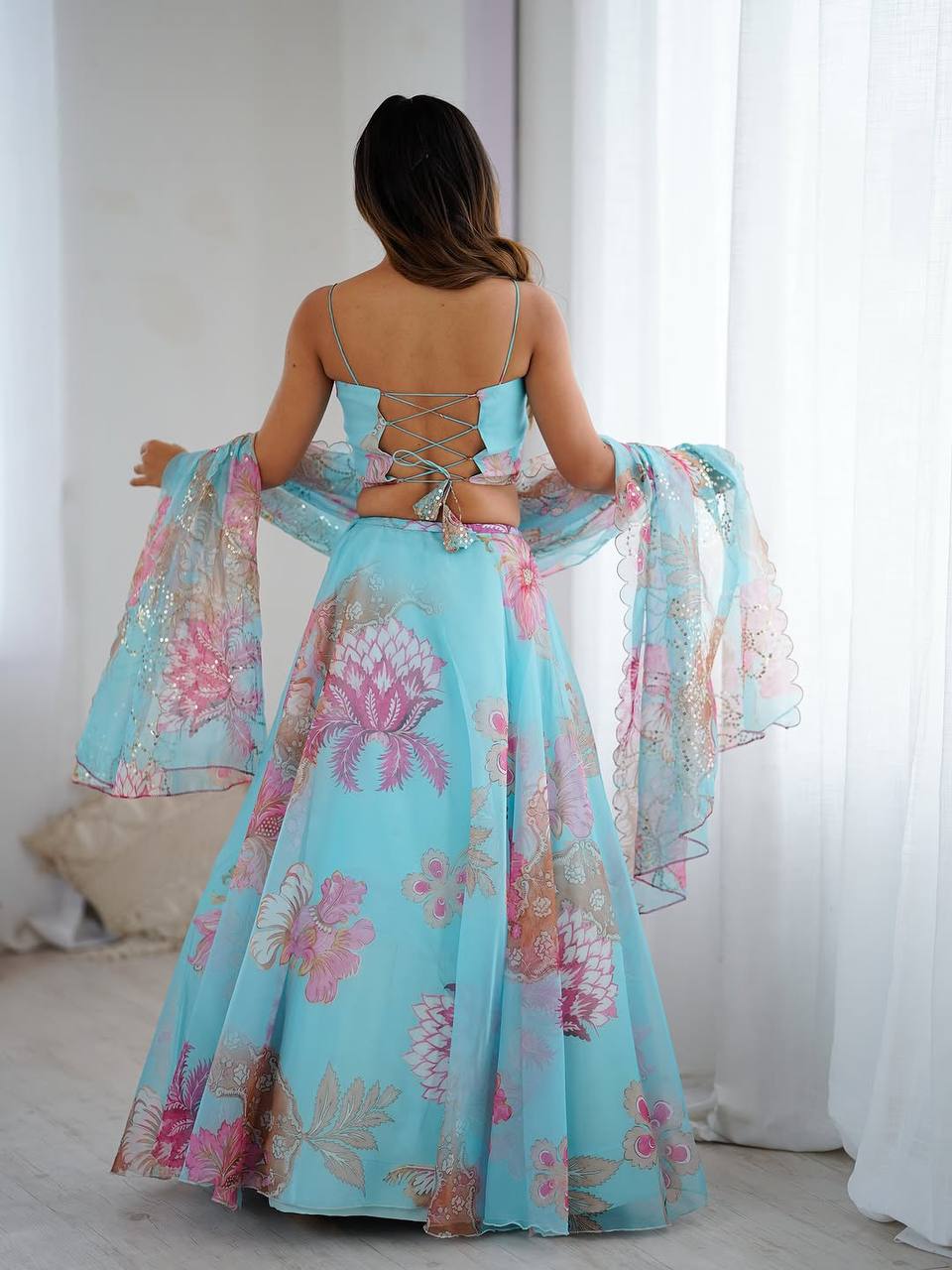 Elegance Sky Blue Digital Floral Organza Lehenga Choli Set