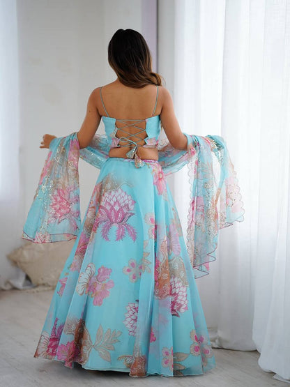 Elegance Sky Blue Digital Floral Organza Lehenga Choli Set