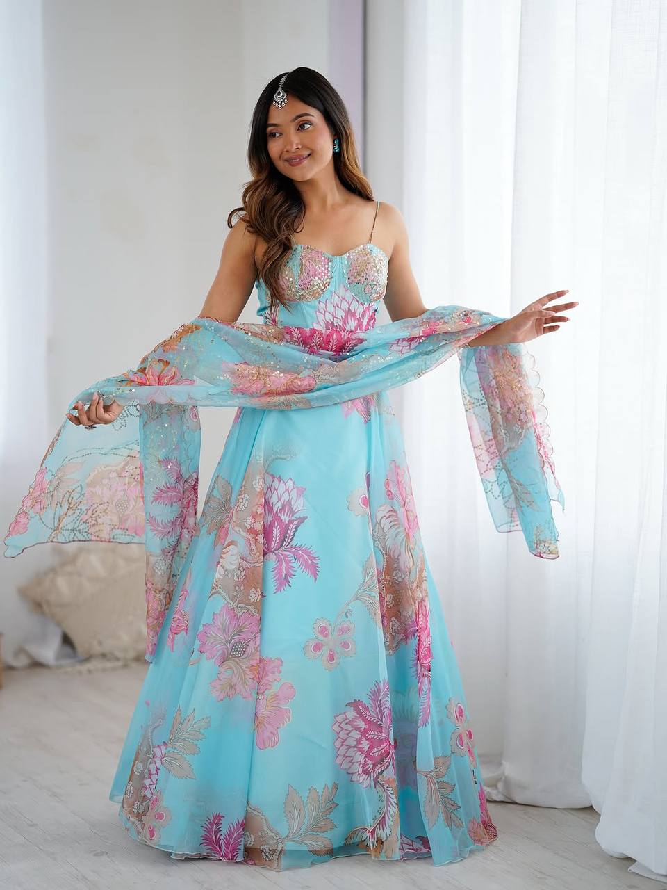 Elegance Sky Blue Digital Floral Organza Lehenga Choli Set