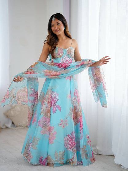 Elegance Sky Blue Digital Floral Organza Lehenga Choli Set