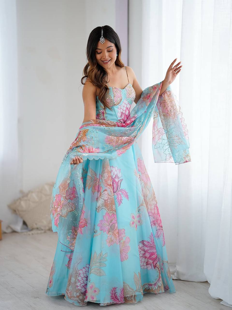 Elegance Sky Blue Digital Floral Organza Lehenga Choli Set