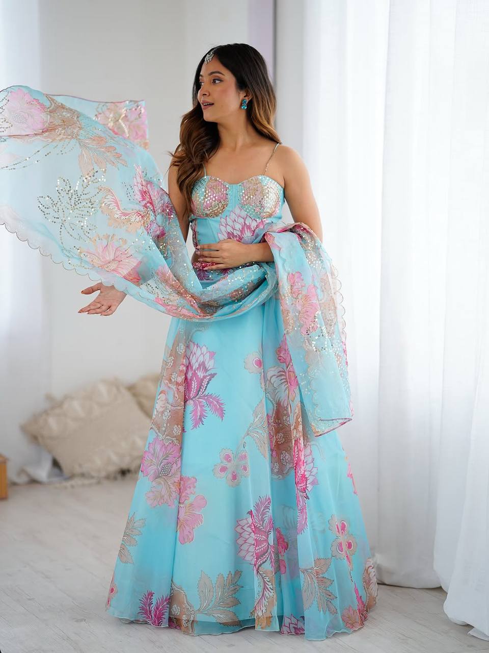 Elegance Sky Blue Digital Floral Organza Lehenga Choli Set
