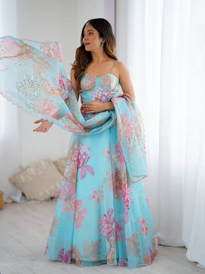 Elegance Sky Blue Digital Floral Organza Lehenga Choli Set