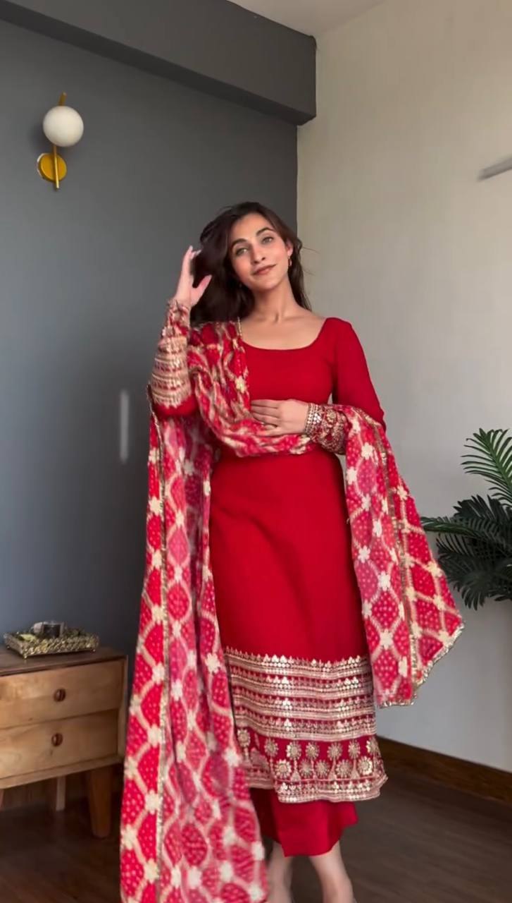 Wedding Wear Red Faux Georgette Kurta Pant Suits With Bandhani Dupatta