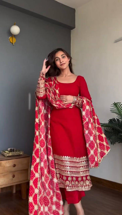 Wedding Wear Red Faux Georgette Kurta Pant Suits With Bandhani Dupatta