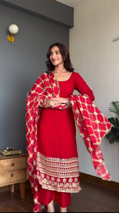 Wedding Wear Red Faux Georgette Kurta Pant Suits With Bandhani Dupatta