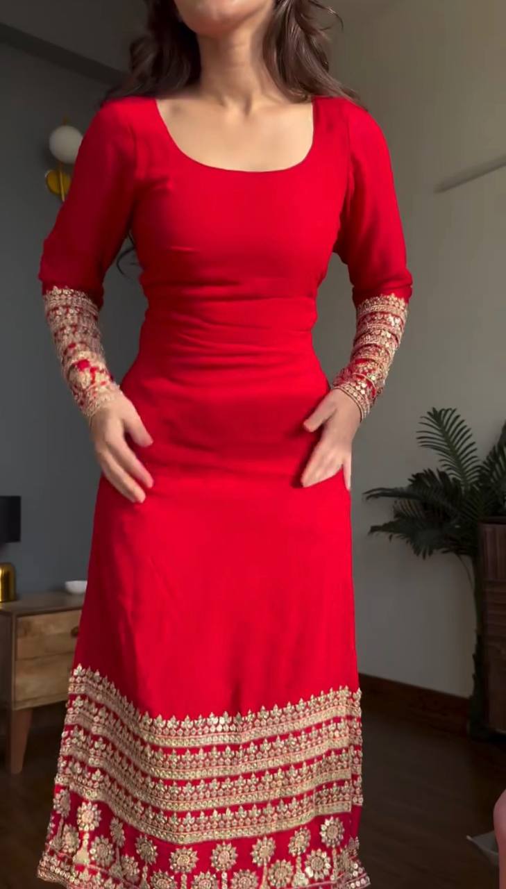 Wedding Wear Red Faux Georgette Kurta Pant Suits With Bandhani Dupatta