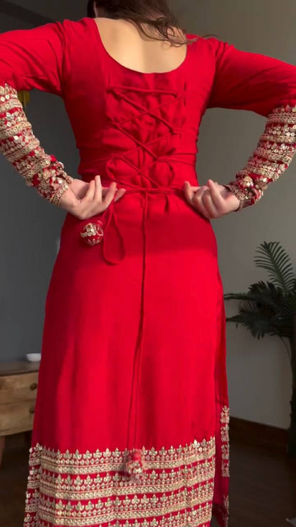 Wedding Wear Red Faux Georgette Kurta Pant Suits With Bandhani Dupatta