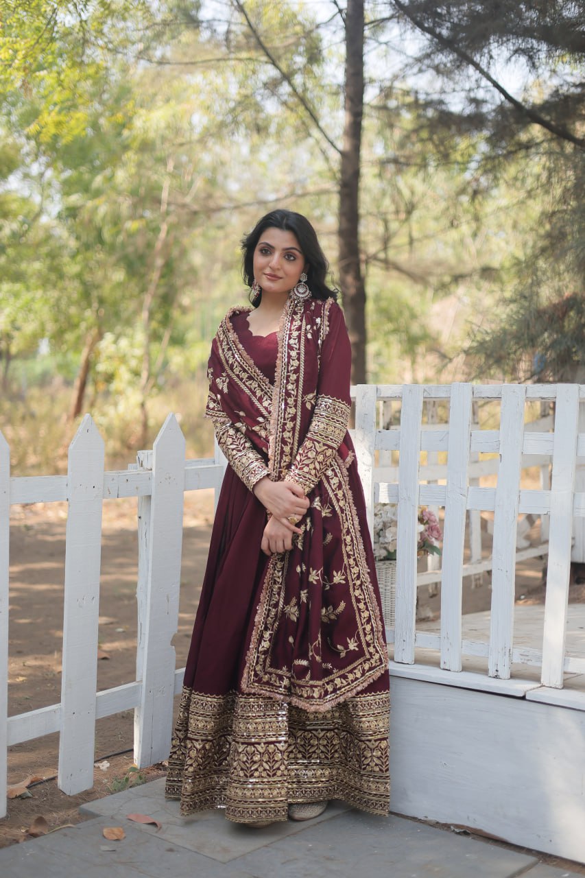 Radiant Rich Sequins Embroidered Designer Gown With Dupatta - INDIAN ELEGANCE