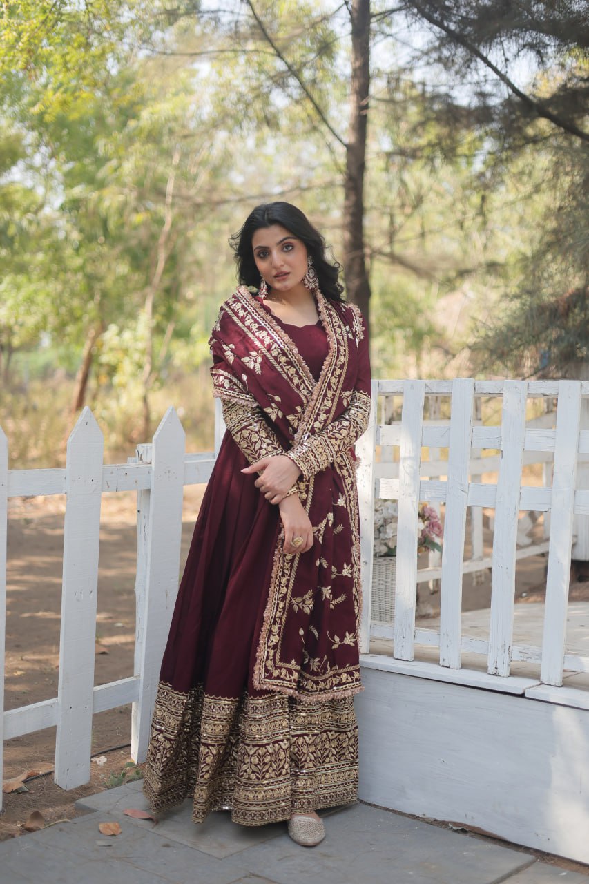 Radiant Rich Sequins Embroidered Designer Gown With Dupatta - INDIAN ELEGANCE