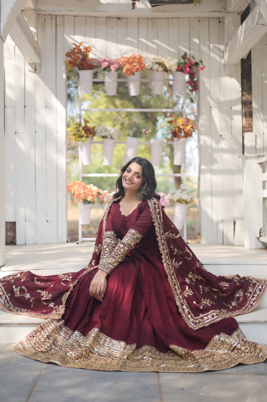 Radiant Rich Sequins Embroidered Designer Gown With Dupatta - INDIAN ELEGANCE