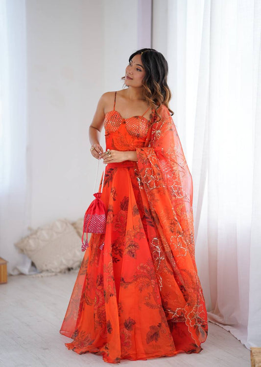 Orange Digital Floral Organza Lehenga Choli Set