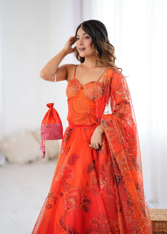 Orange Digital Floral Organza Lehenga Choli Set