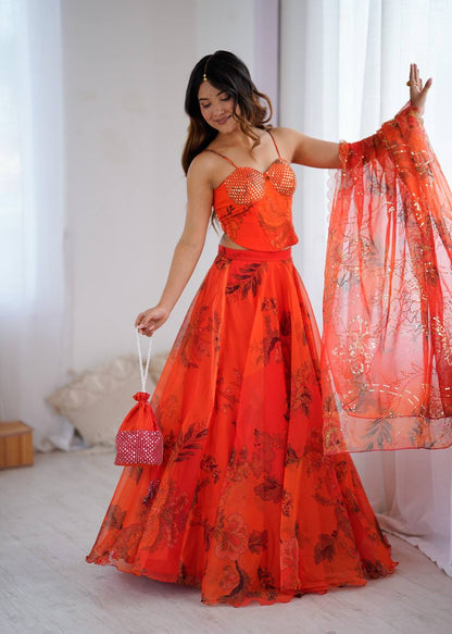 Orange Digital Floral Organza Lehenga Choli Set