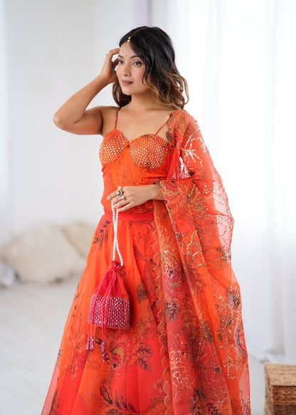 Orange Digital Floral Organza Lehenga Choli Set