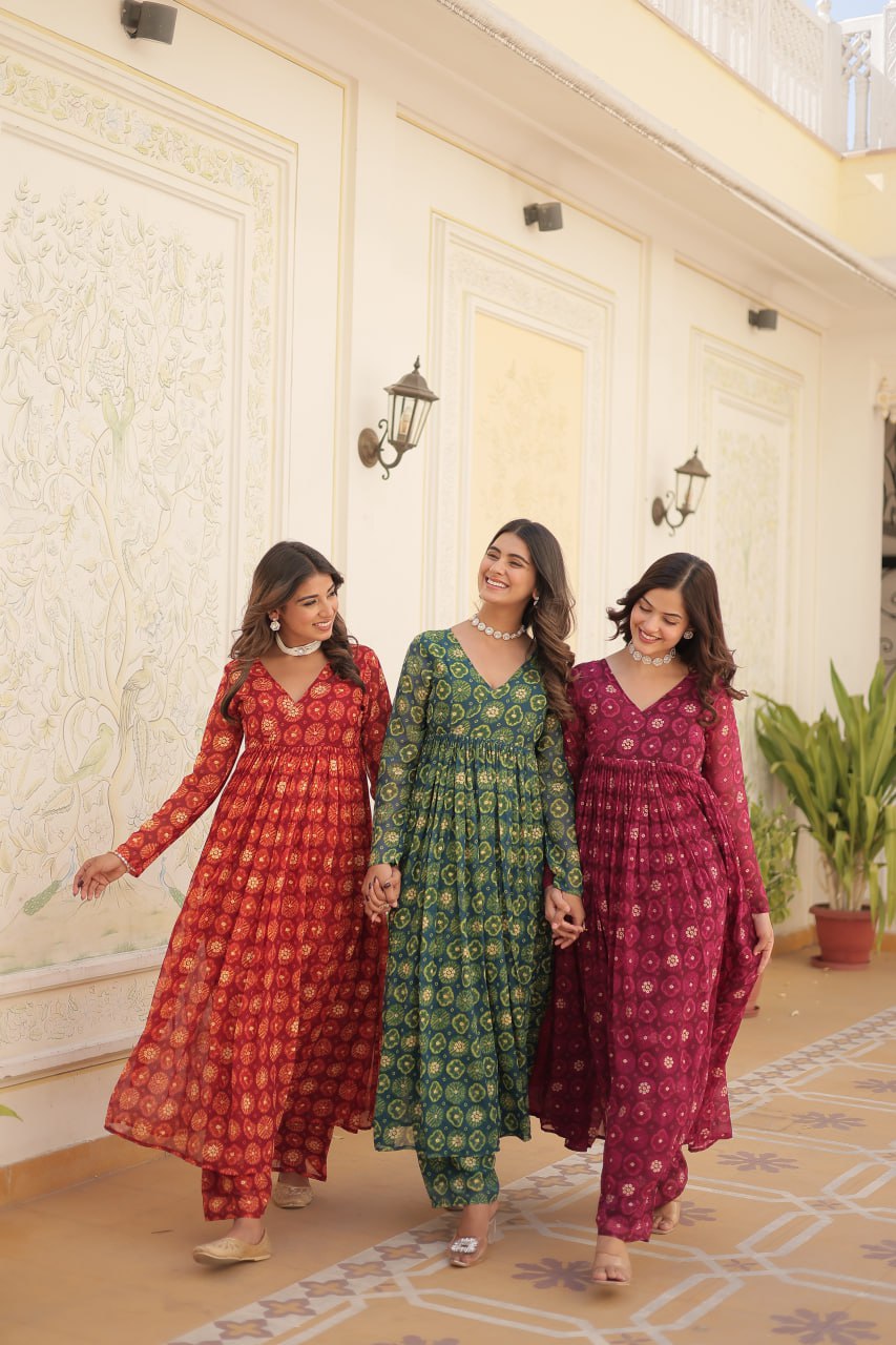 Dashing Faux Georgette Foil Printed Fully Stitched Top Pant Suit - INDIAN ELEGANCE