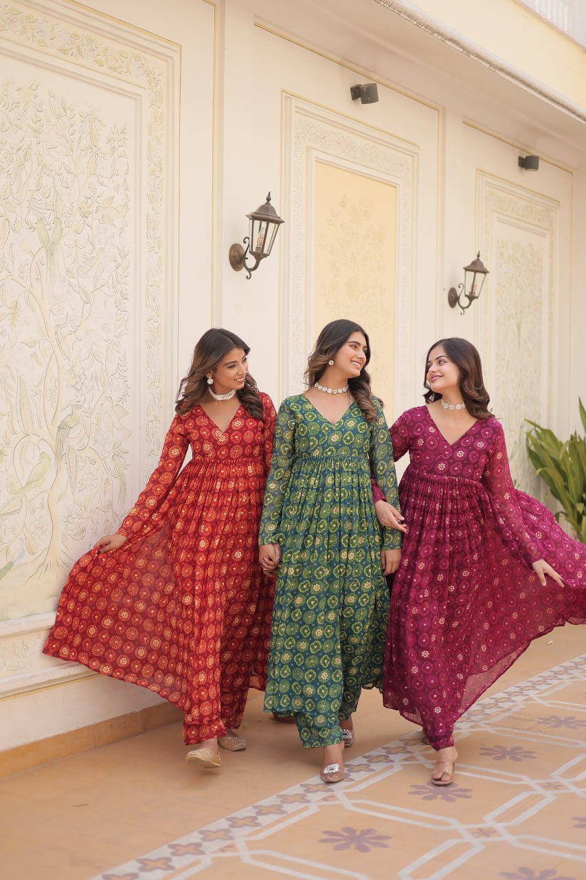 Dashing Faux Georgette Foil Printed Fully Stitched Top Pant Suit - INDIAN ELEGANCE