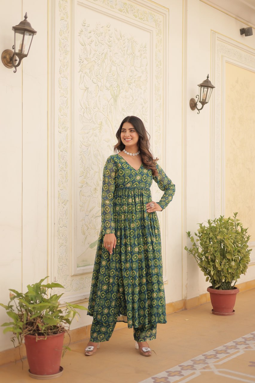 Dashing Faux Georgette Foil Printed Fully Stitched Top Pant Suit - INDIAN ELEGANCE