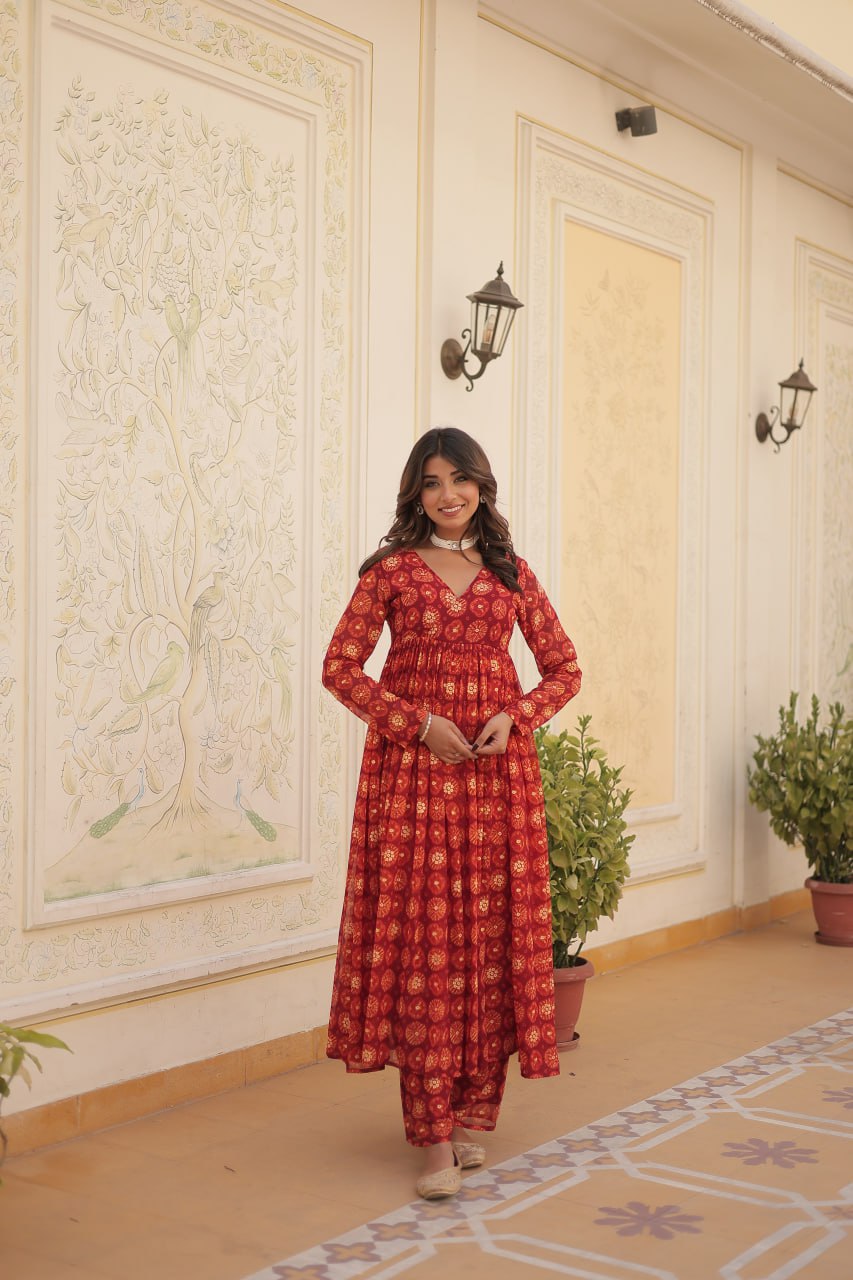 Dashing Faux Georgette Foil Printed Fully Stitched Top Pant Suit - INDIAN ELEGANCE