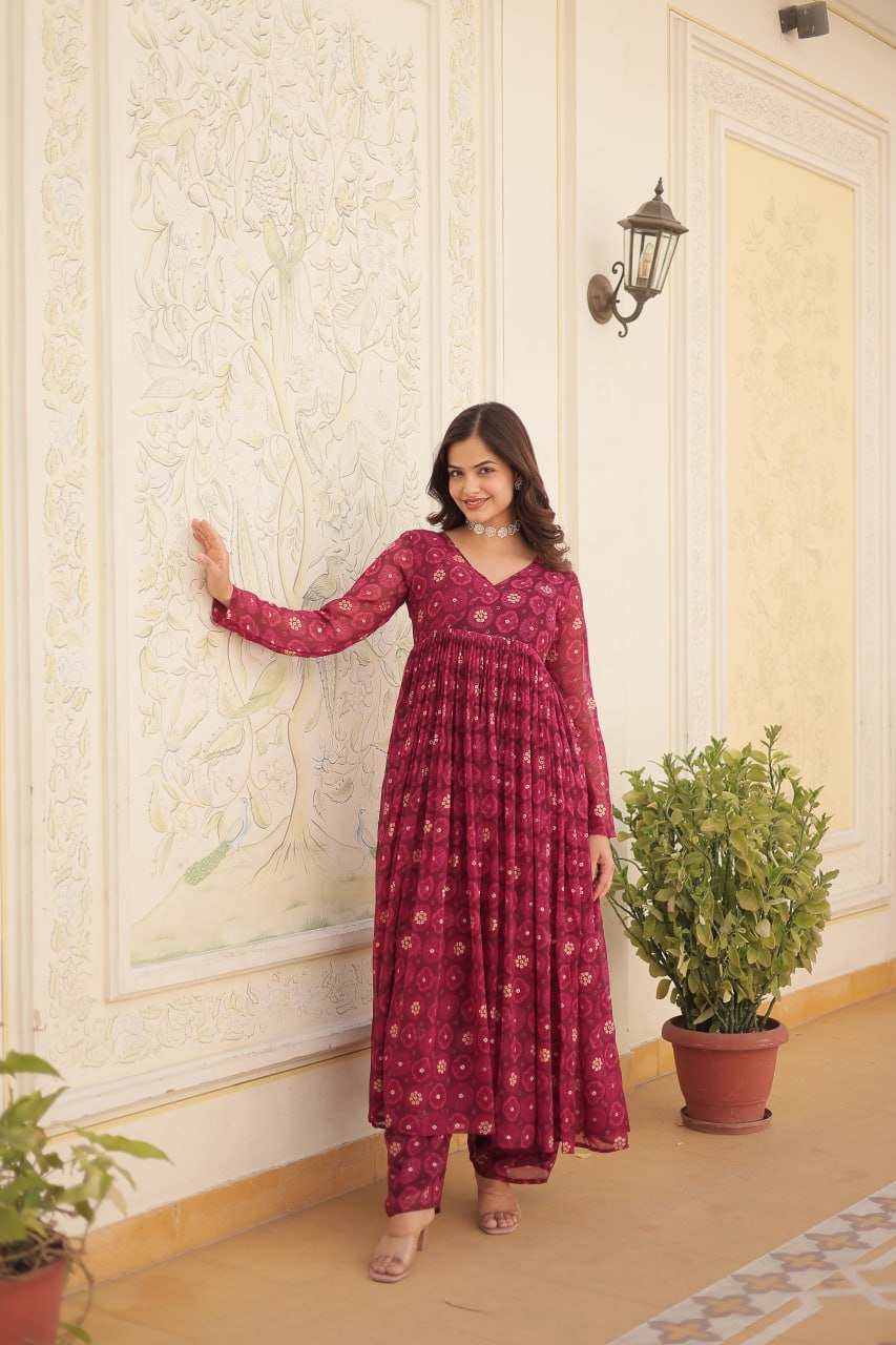 Dashing Faux Georgette Foil Printed Fully Stitched Top Pant Suit - INDIAN ELEGANCE
