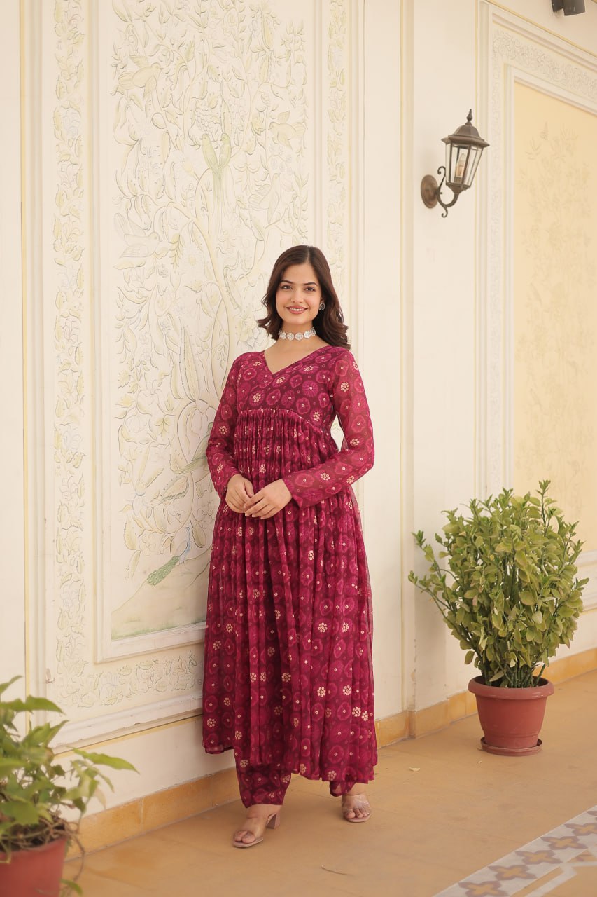 Dashing Faux Georgette Foil Printed Fully Stitched Top Pant Suit - INDIAN ELEGANCE