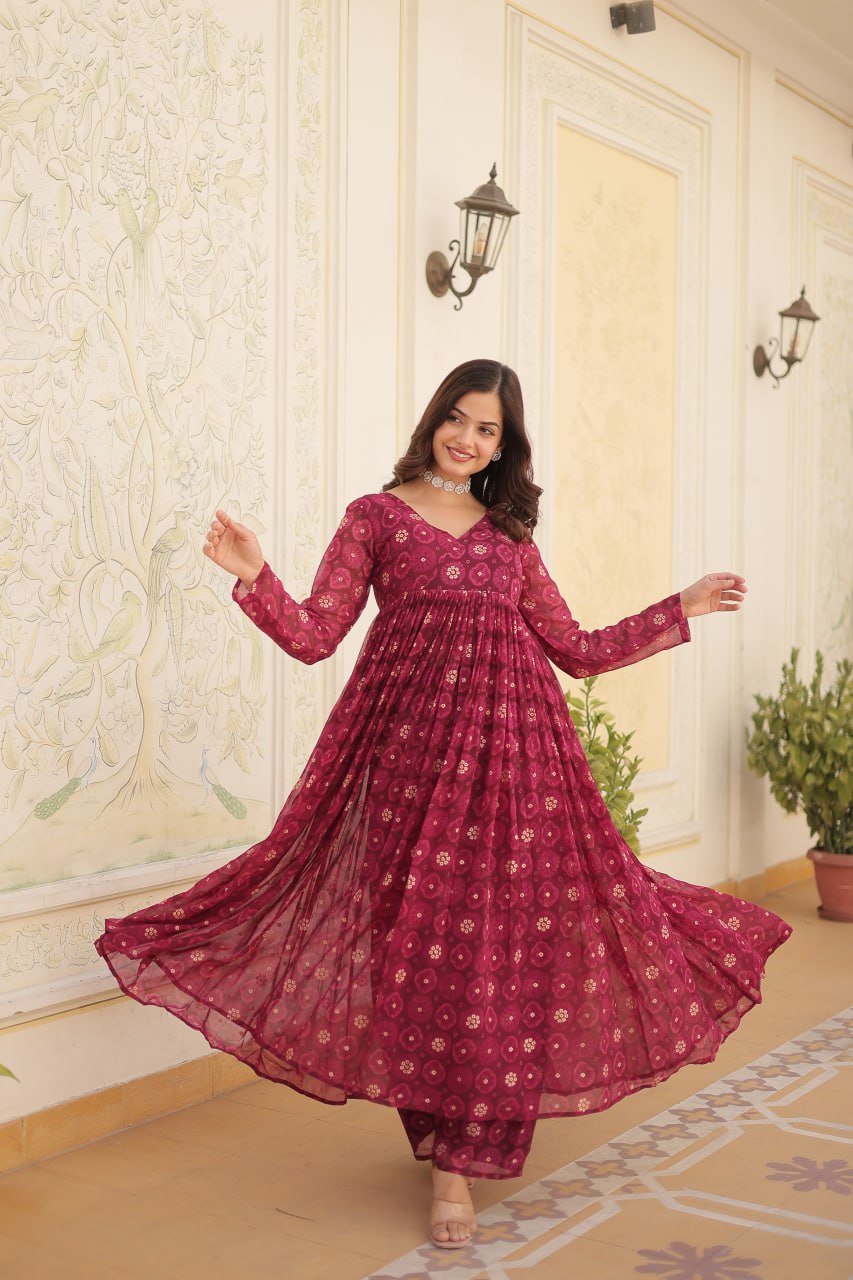 Dashing Faux Georgette Foil Printed Fully Stitched Top Pant Suit - INDIAN ELEGANCE