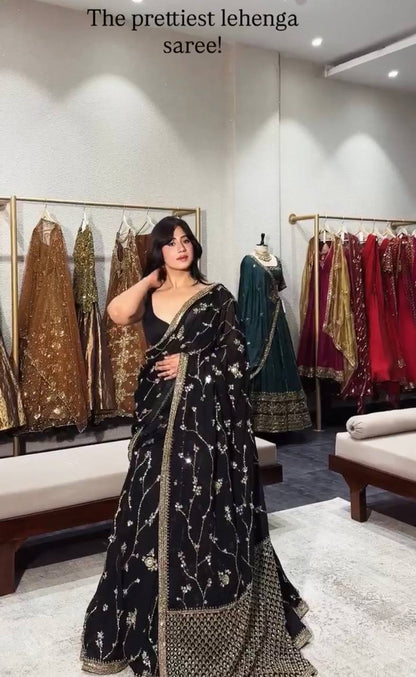 Black Faux Georgette Lehenga Saree Set-Ready to Wear Lehenga Saree