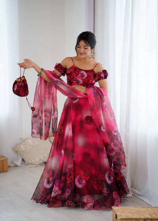 Wine Red Party Wear Digital Printed Organza Lehenga Choli Set