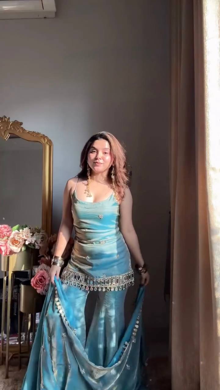 Party Wear Mirror Work Sharara Set with Dupatta