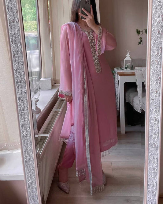 Luxury Faux Georgette Straight Kurta Pant Suit for Women