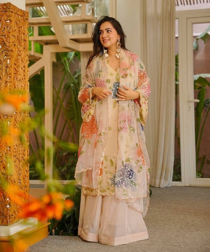 Elegant Beige Tibby Organza Silk Sharara Suit With Organza Duppta