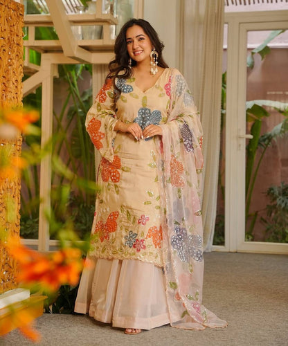 Elegant Beige Tibby Organza Silk Sharara Suit With Organza Duppta