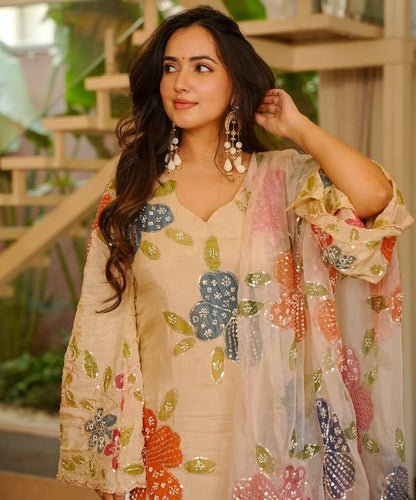 Elegant Beige Tibby Organza Silk Sharara Suit With Organza Duppta
