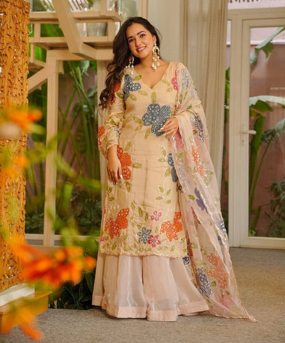 Elegant Beige Tibby Organza Silk Sharara Suit With Organza Duppta