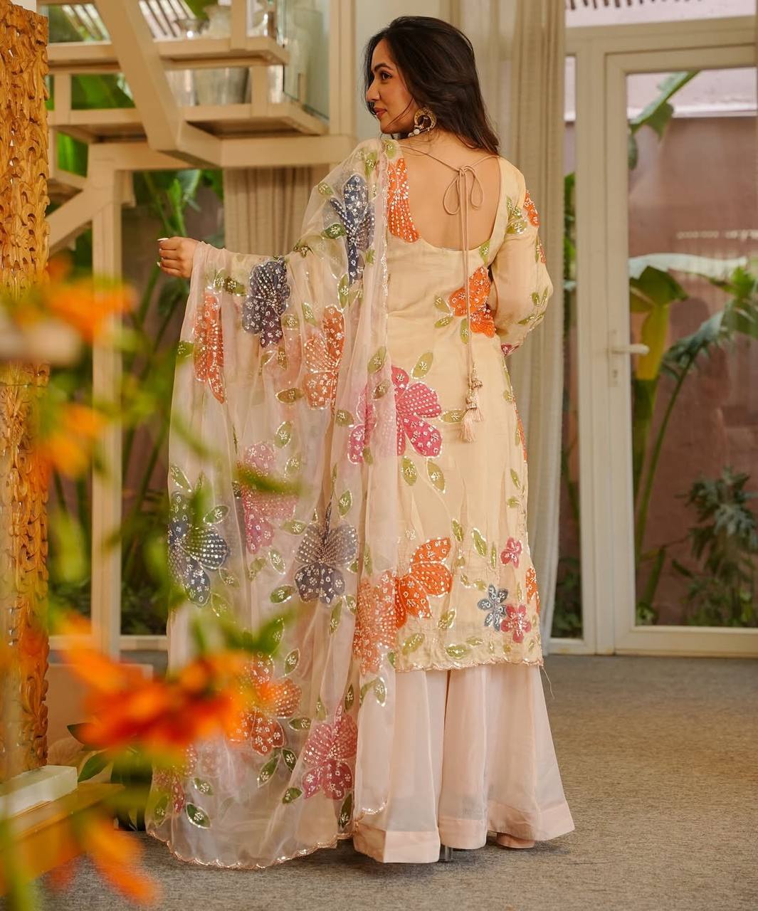 Elegant Beige Tibby Organza Silk Sharara Suit With Organza Duppta