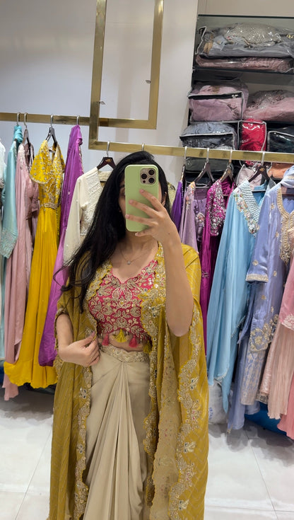 Cream Cowl Skirt Pink Blouse and Shrug With Embroidery -Party Wear Look