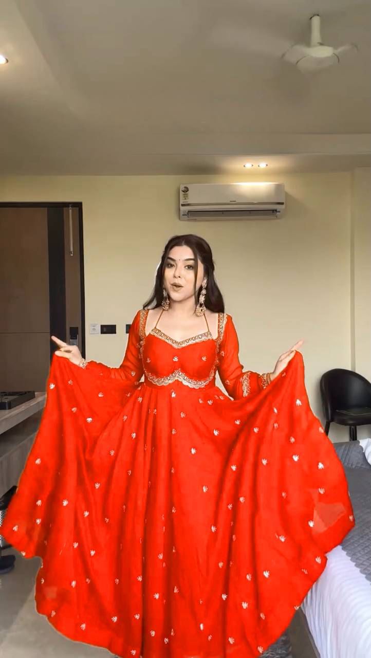 Royal Red Chilli Slit Designer Fancy Neckline Anarkali Festive Wear Suit