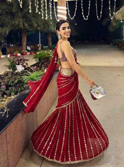 Black & Silver Mirror Work Pre-Draped  Lehenga Saree With Designer Blouse