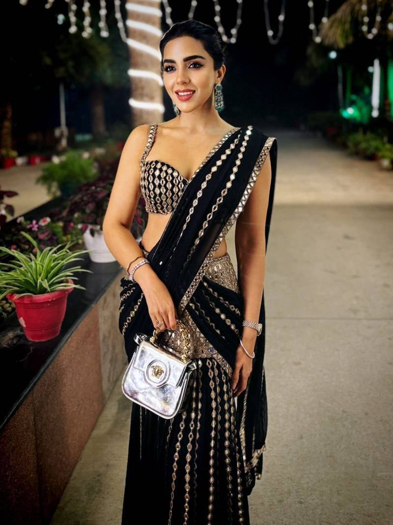 Black & Silver Mirror Work Pre-Draped  Lehenga Saree With Designer Blouse