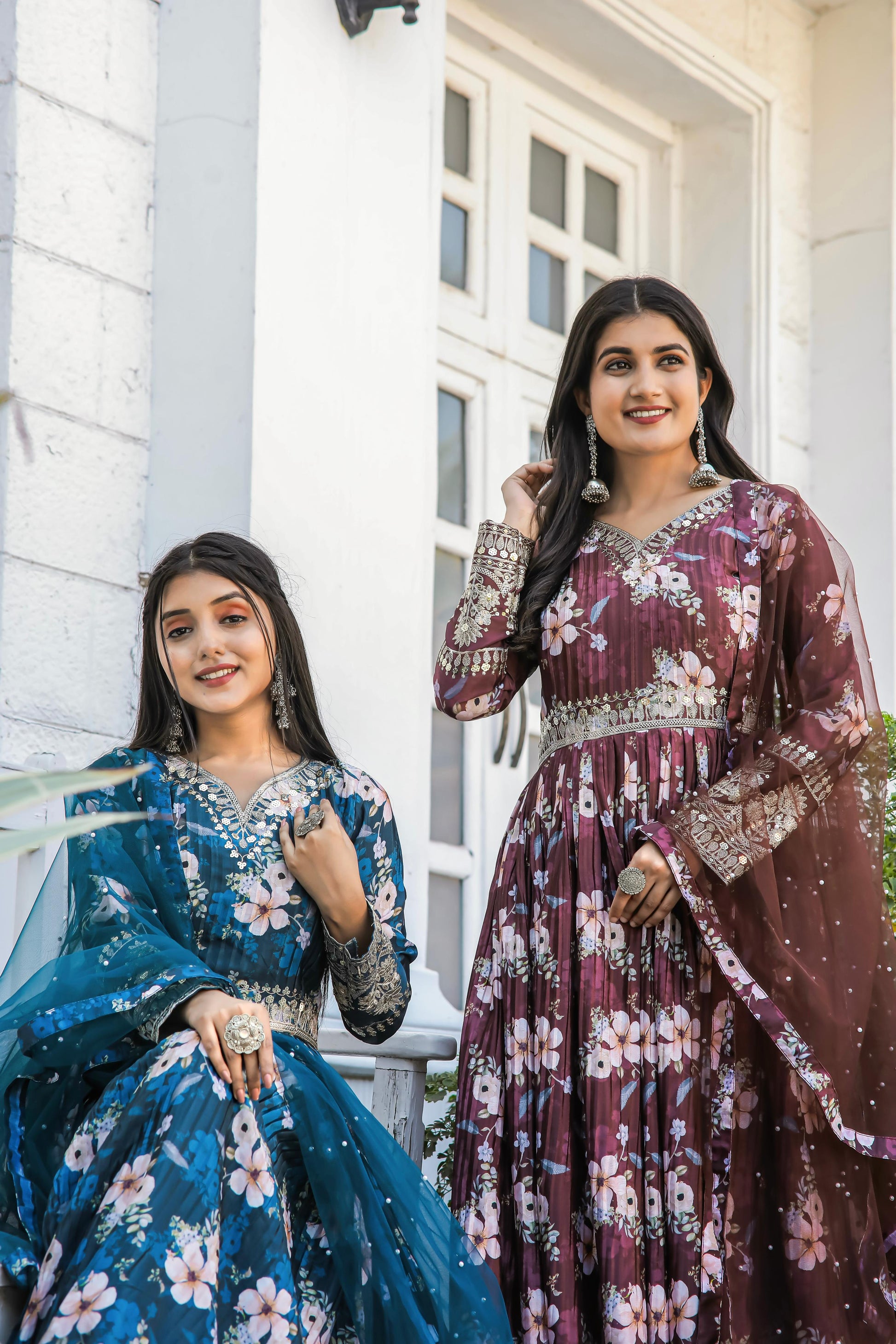 Lovely Floral Digital Printed Sequins Embroidered Crush Chinon Silk Suit - INDIAN ELEGANCE