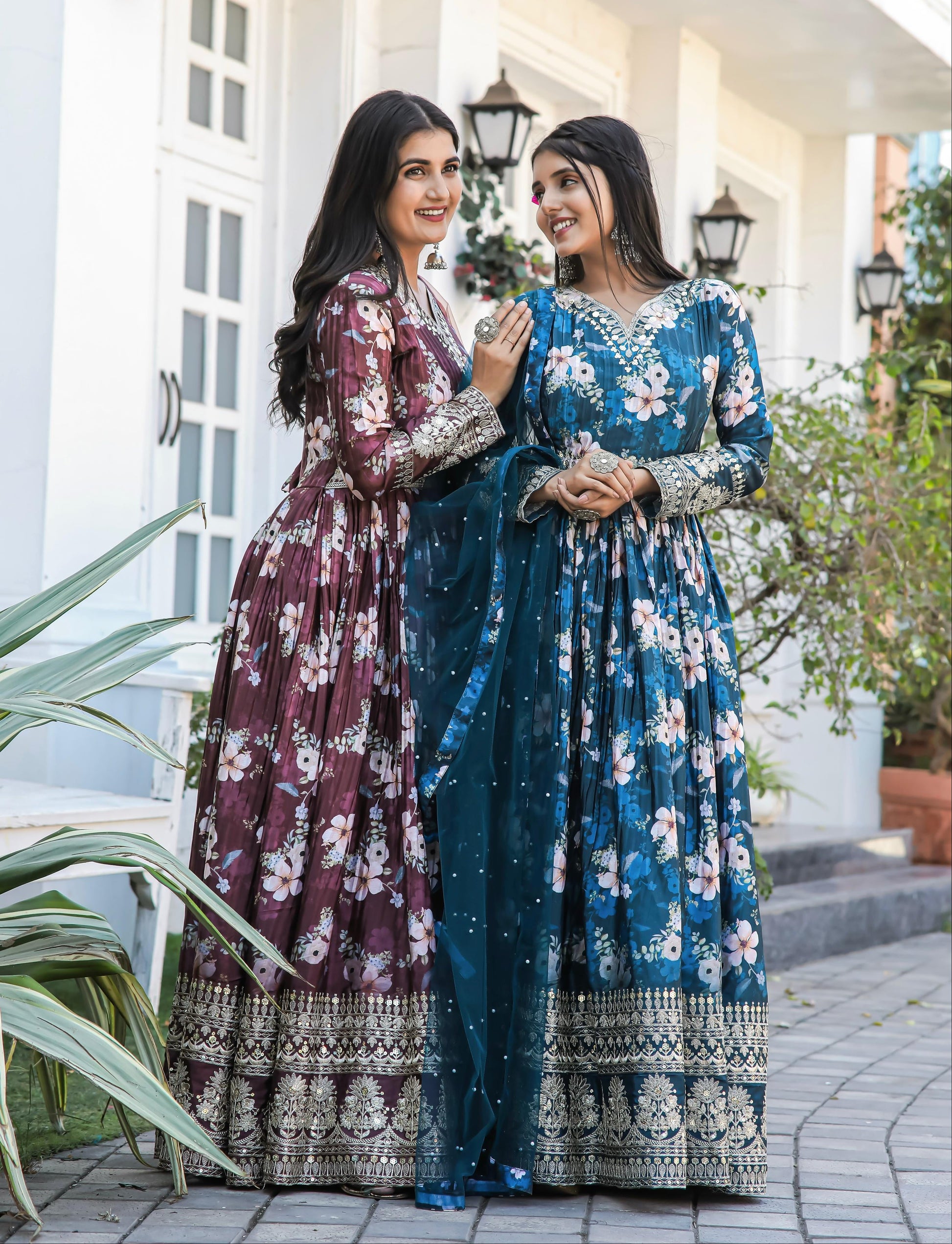 Lovely Floral Digital Printed Sequins Embroidered Crush Chinon Silk Suit - INDIAN ELEGANCE