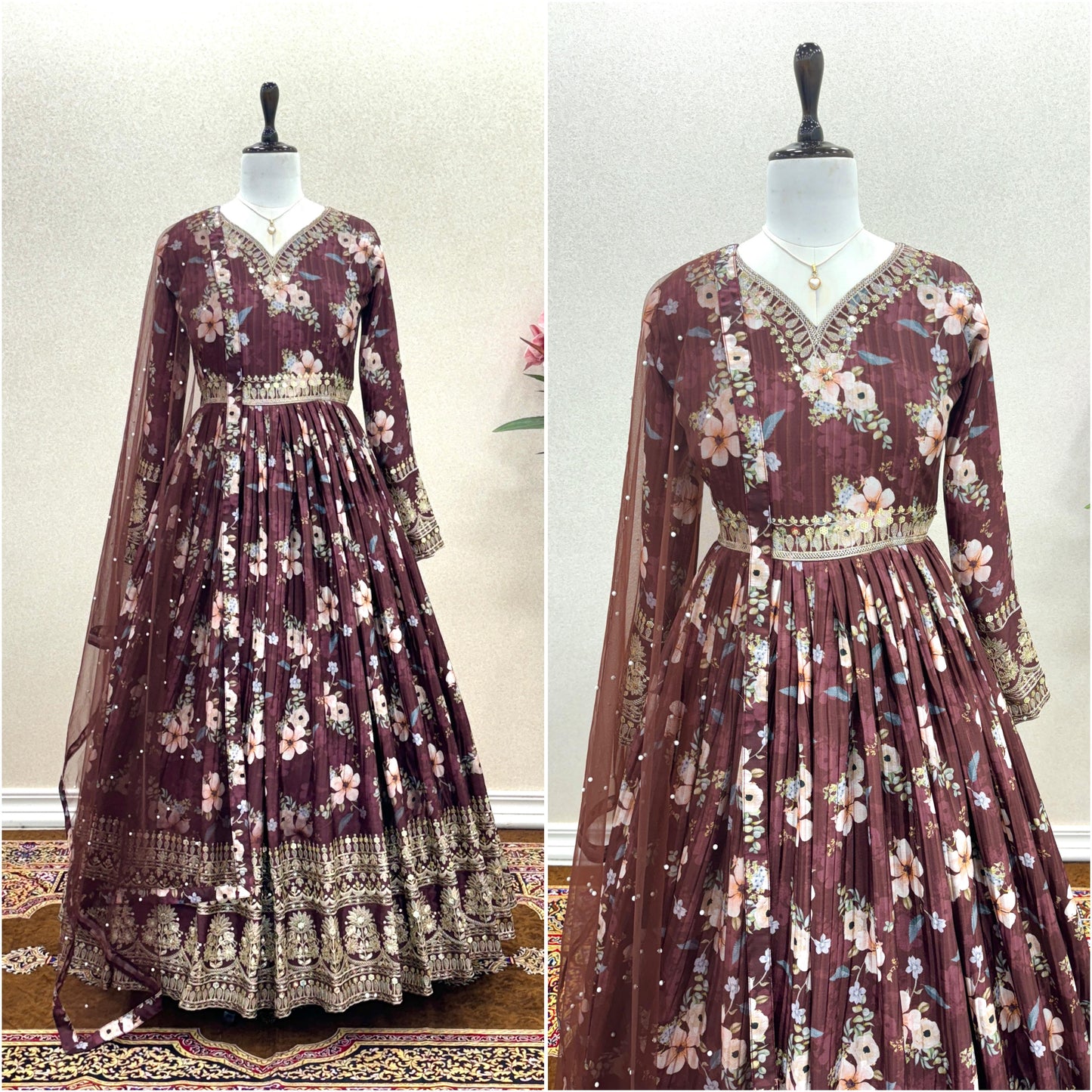 Lovely Floral Digital Printed Sequins Embroidered Crush Chinon Silk Suit - INDIAN ELEGANCE