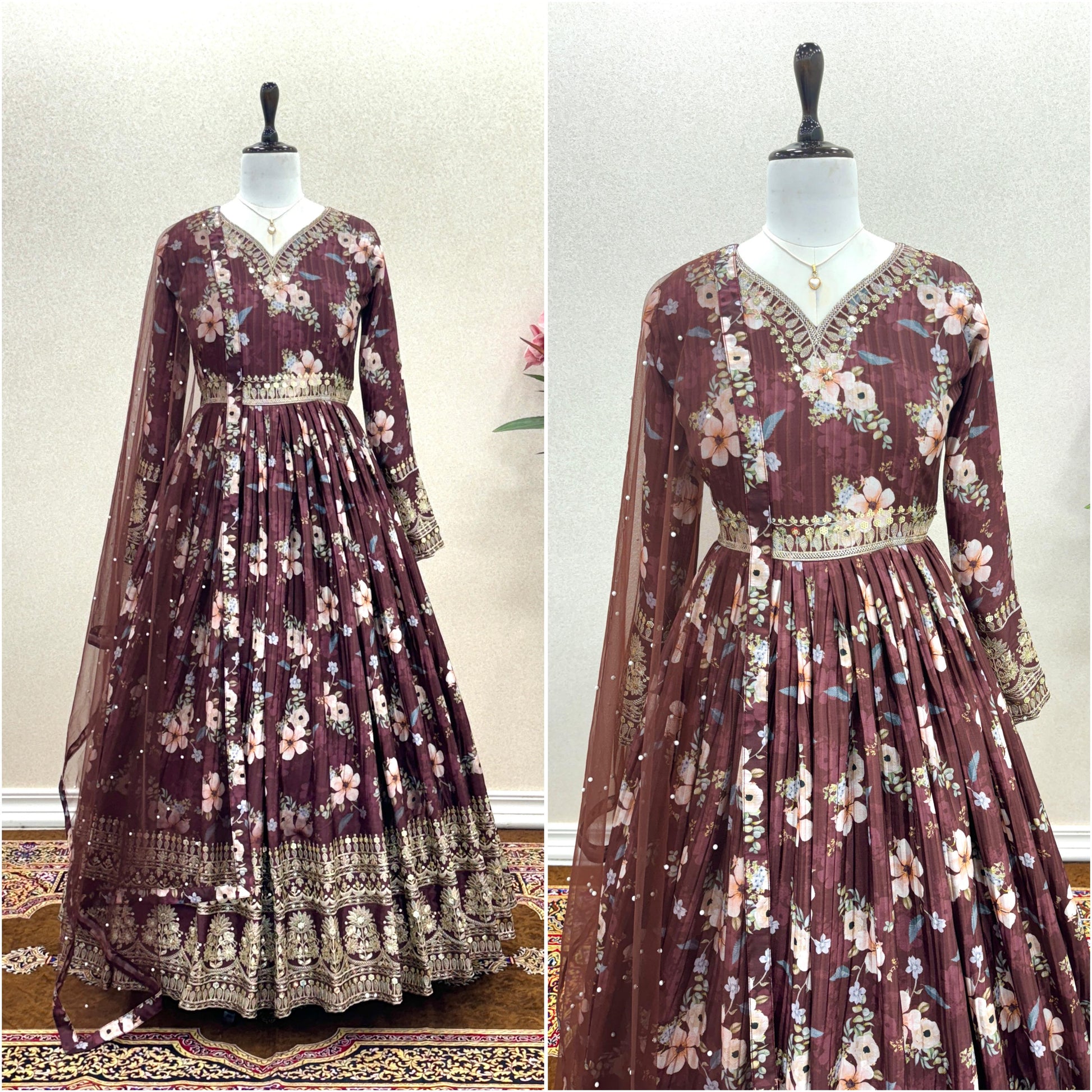 Lovely Floral Digital Printed Sequins Embroidered Crush Chinon Silk Suit - INDIAN ELEGANCE