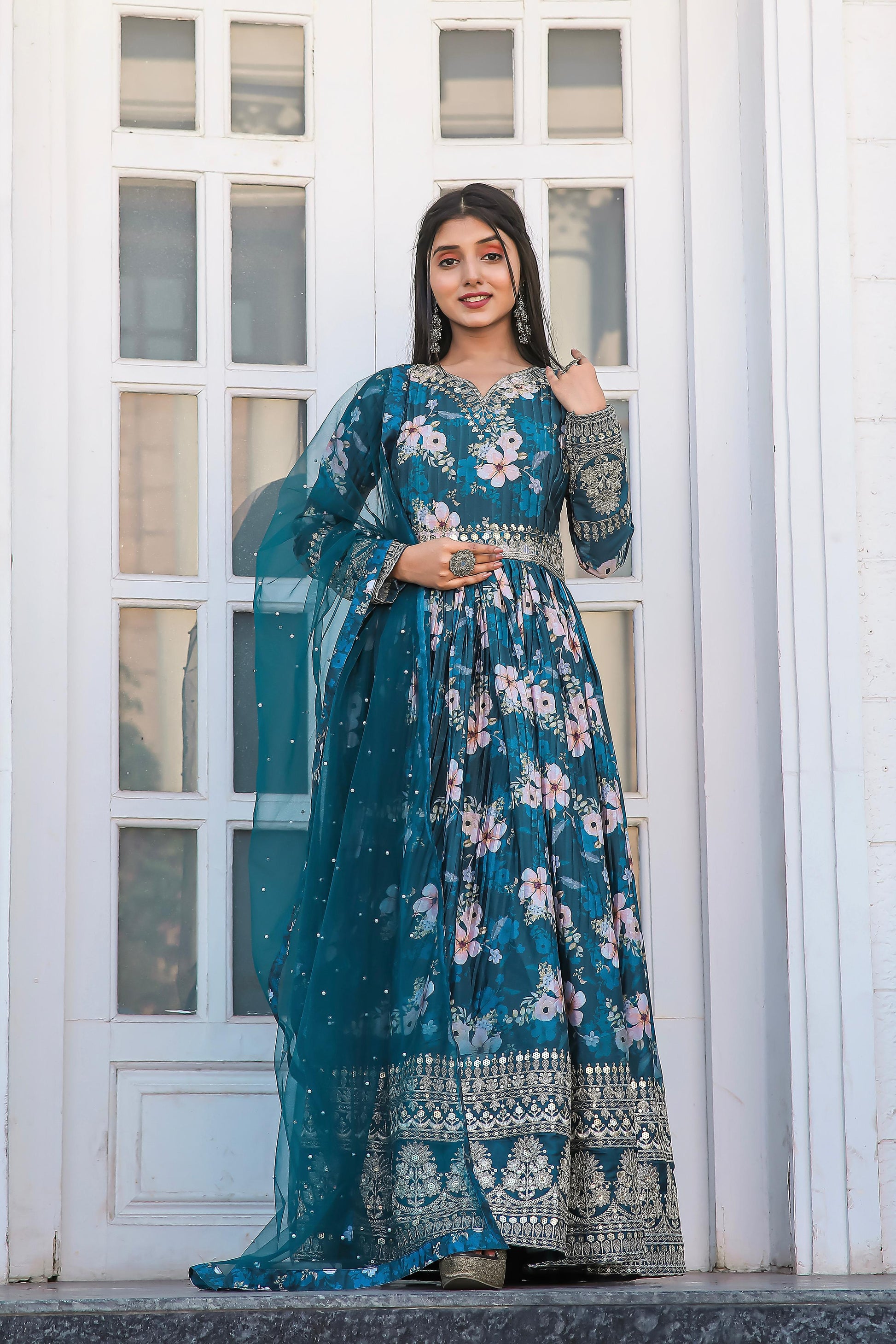 Lovely Floral Digital Printed Sequins Embroidered Crush Chinon Silk Suit - INDIAN ELEGANCE