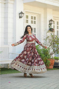 Elegant Floral Digital Printed Sequins Embroidered Crush Chinon Silk Suit